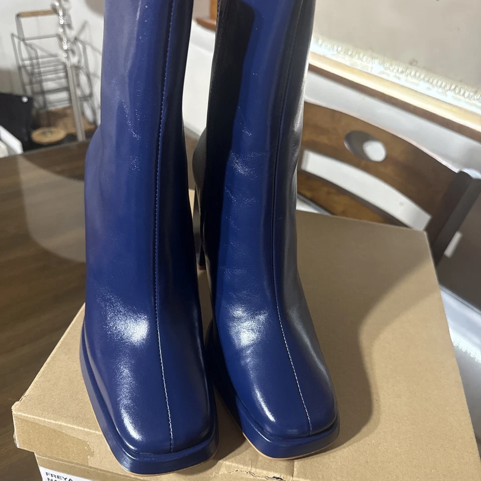 Steve Madden Freya Mujer Azul Cuero Puntera Cuadrada Cremallera Tacón Botas 7 1/2 Foto 2 de 4
