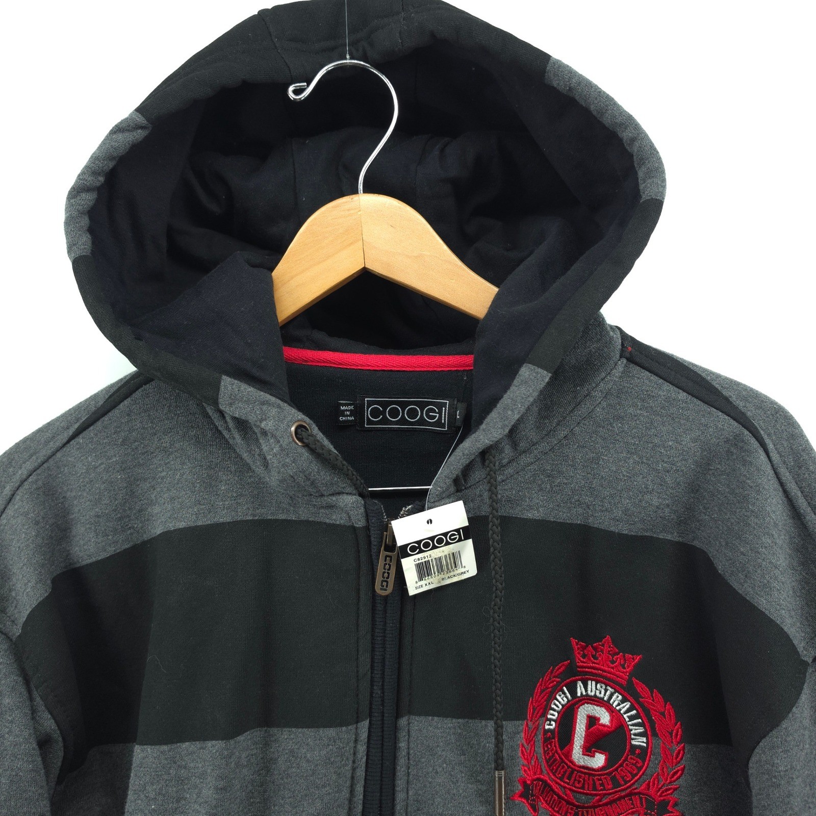 Coogi Mens Full Zip Hoodie Cotton Poly Black Grey Striped XXL Embroidered Patch image 5