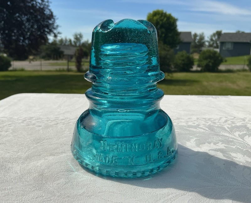 BEAUTIFUL HEMINGRAY BLUE  CD-208 “CROSS TOP” GLASS INSULATOR… EMBOSSING ERROR