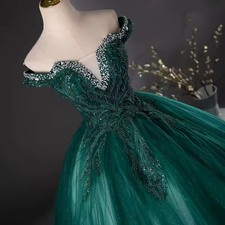 NEW US Size 4 Emerald Green Long Beaded Ballgown Tulle Wedding Graduation Shower