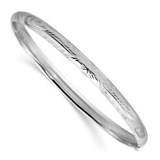 Real 14K 3/16 White Gold Florentine Engraved Hinged Bangle; 7 inch