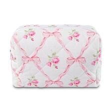 Quilted Makeup Bag Floral Cotton Make up Puffy Coquette Pink bow