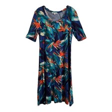 Spense Tropical-Print Midi Dress M Blue Multi Color Soft Short Sleeve
