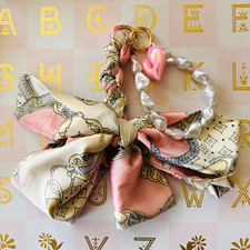 Pink Scarf Bow Handbag Keychain Pearl Beaded Loop with Heart Charm Phone Chain