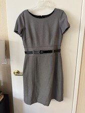 Tahari Black & White Pin Dot work dress with black patent belt