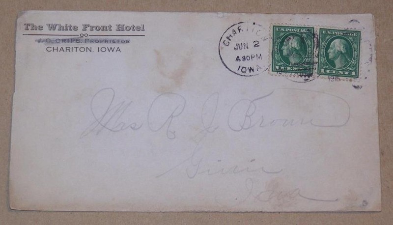1915 POSTAL COVER, THE WHITE FRONT HOTEL, CHARITON, IOWA ADDRESSED TO GIVIN IOWA