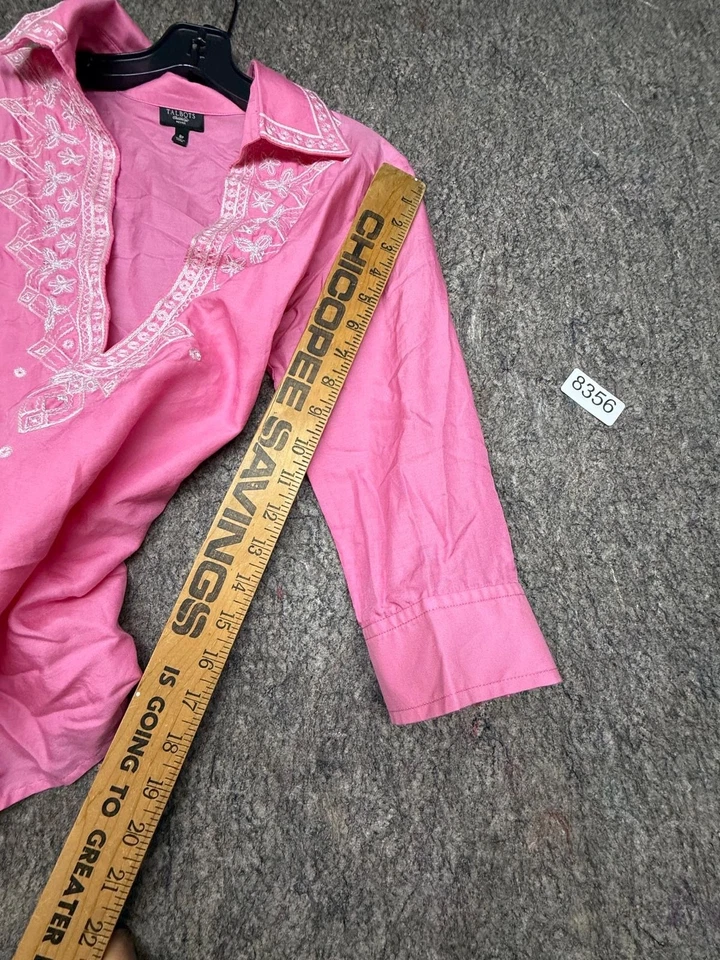 Blusa Top Túnica Talbots Rosa Floral Bordada Cuello en V Algodón Mezcla Seda 8P Foto 2 de 4