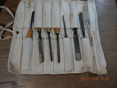 Vintage Henry Taylor 6pc Wood Carving Chisel Gouge Set W/ Canvas Roll Up Pouch