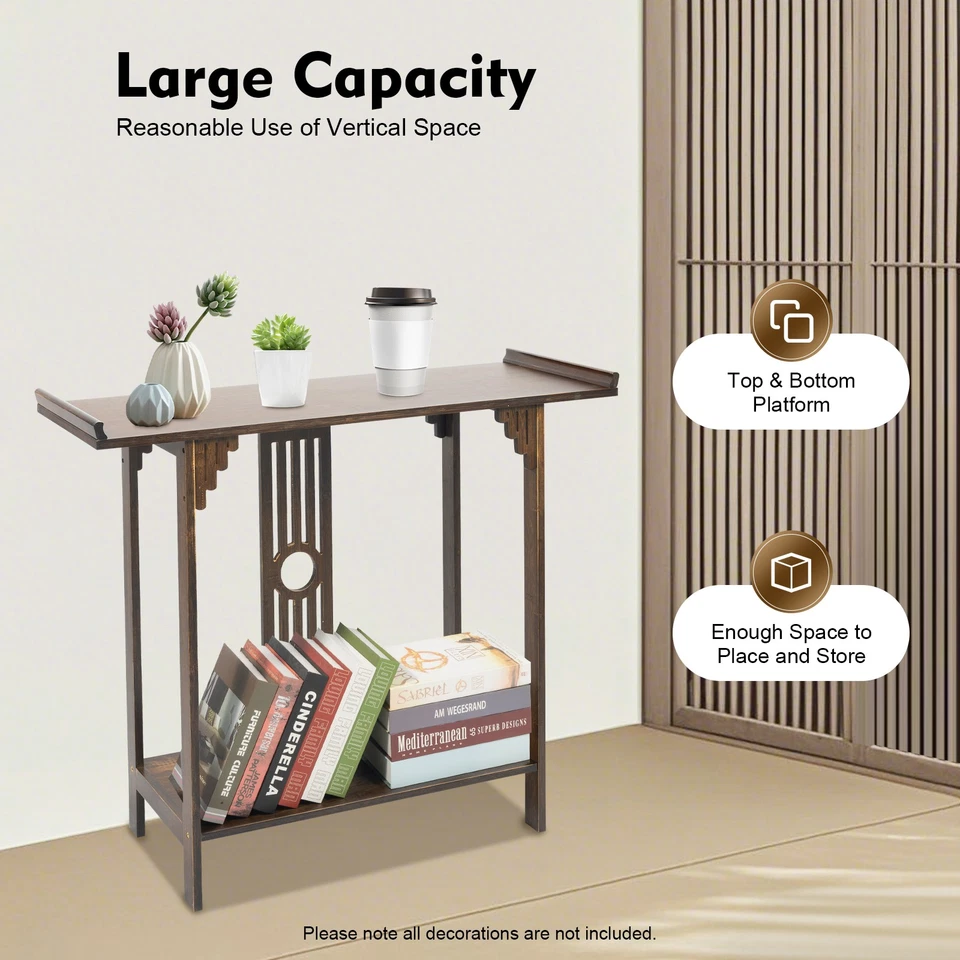 2-Layer Vintage Console Table Sofa Side Table Entryway Table Bamboo Shelf New - Image 2 of 4