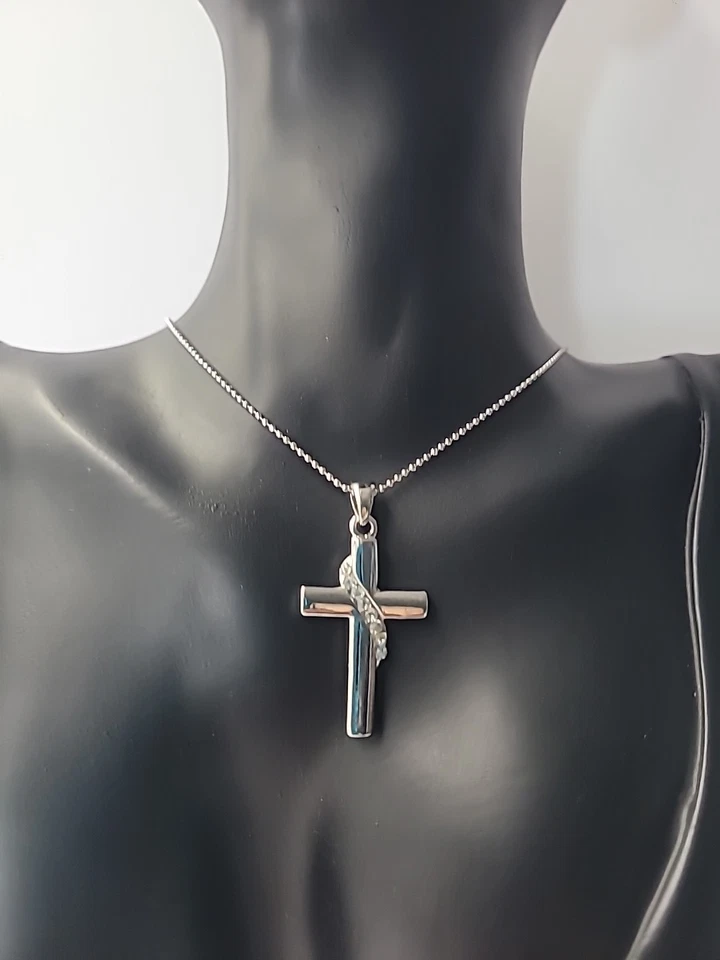 Collar Cadena Colgante Cruz Tono Plata Cristales Blanco Joyería Disfraz Vintage Foto 4 de 4