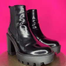 Zara Black Leather Chunky Lug Sole Platform Block Heel Chelsea Boot Sz 37 