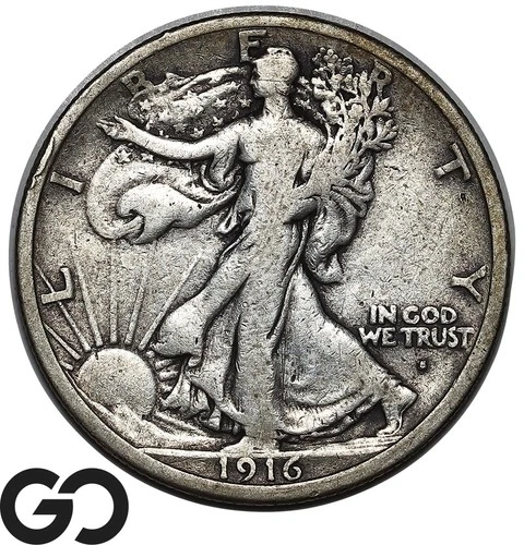 1916-S Walking Liberty Half Dollar, Choice FINE++ Better Date 1st Year Issue