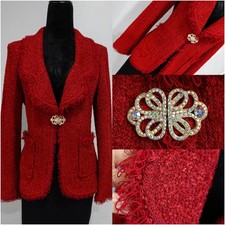 ST JOHN DEEP RED /Rhinestone clip/accent / Fringe trim KNIT JACKET SZ 6