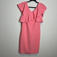 Trina Turk Dress Womens 0 Pink Ruffle V Neck Flutter Sleeve Sheath Knee Length