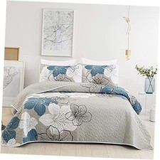 3 Pieces Quilt Set California King Blue Cal King 106"x 96" Blue Flower