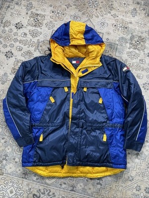 Tommy Hilfiger Duck Down Puffer Coat Flag Jacket Spellout Logo Mens L 90s Navy