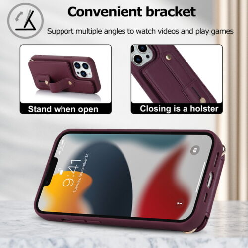 Custodia per iPhone 16 15 14 13 11 Pro Max portafoglio in pelle supporto cinturino a tracolla - Foto 6 di 65
