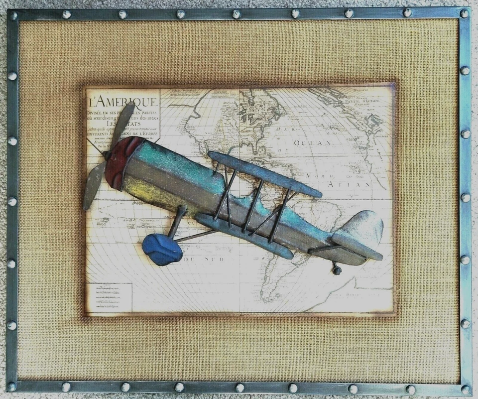 Aviones biplanos de aluminio en mapa del mundo tamaño más grande Art Deco arte 3D vuelo mundial Foto 2 de 4