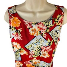 Villager 70s Hawaiian Shift Dress Sz M Sleeveless Red Tropical Theme Boat Neck
