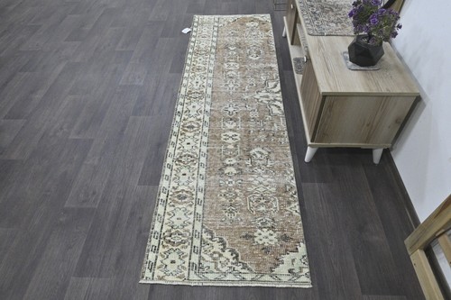 Vintage Turkish Runner Rug 2x8ft BROWN Handmade Anatolian Oushak Hallway Wool