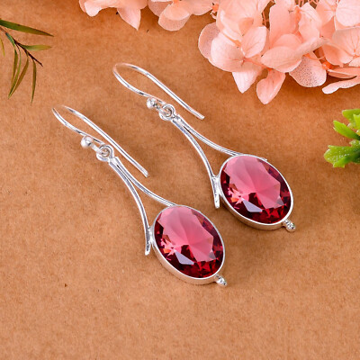 Pink Rubillite Tourmaline Gemstone Earring 925 Sterling Silver Handmade Jewelry