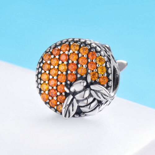 925 Sterling Silver Enamel Bumble Bee Honeycomb Charm Pendant Bead Fit Bracelet - Afbeelding 1 van 8