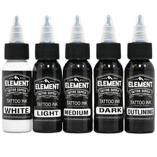 Tattoo Ink Set 1oz Greywash Light Medium Dark White Black Element Tattoo Supply
