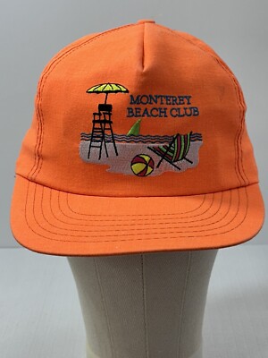 80s Monterey Beach Club Neon Orange USA Made  SnapBack Hat W/ Some Vintage Wear
