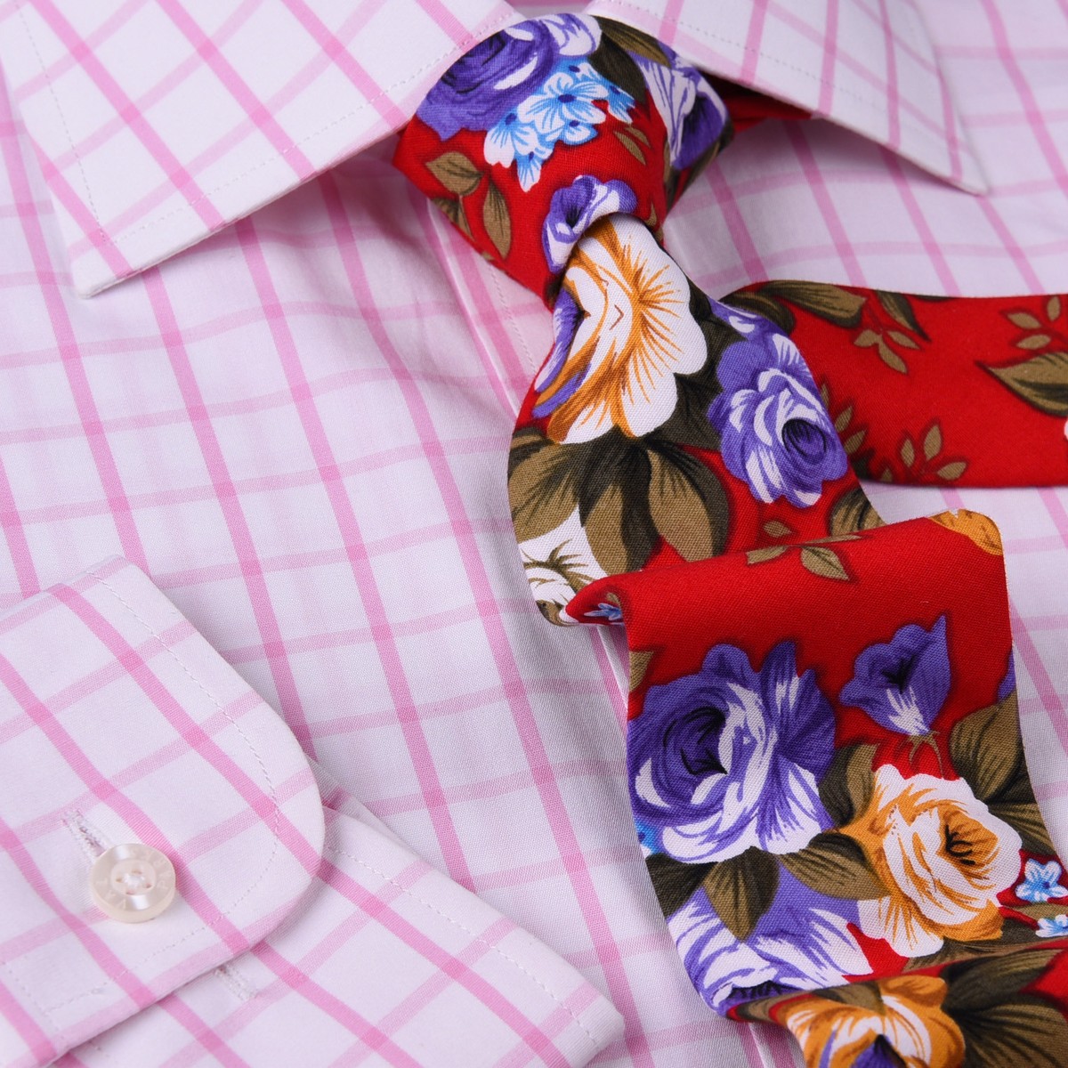 mens pink check dress shirt Non-Iron Cotton Check Dress Shirt With Contrast Trim