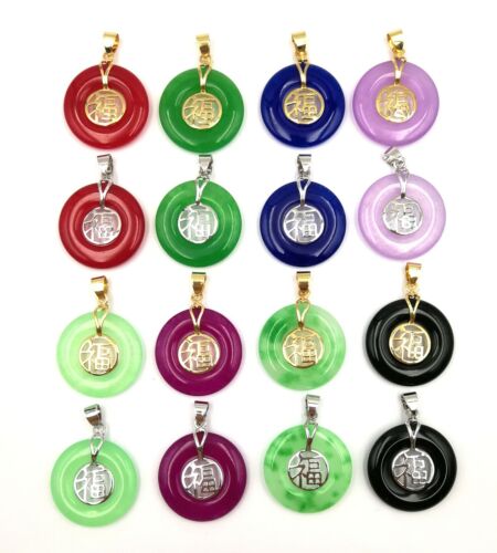 Blue Multicolor Real Jade Circle Donut 18KGP Happiness Fortune Pendant Necklace - Picture 5 of 59