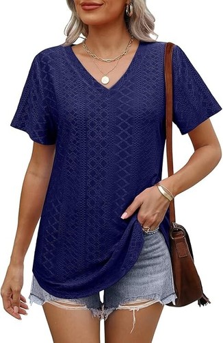 Damen T-Shirts V-Ausschnitt Kurzarm Freizeit Loose Fit Basic Tees Navy Blau XL NEU - Bild 3 von 3