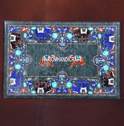 Mesa de comedor de mármol verde con incrustaciones de elefante de múltiples lapislázuli artes decoraciones hechas a mano H3679 - Imagen 1 de 4