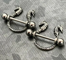 PAIR Nipple Shields Seahorse Design Body Jewelry Steel Barbell Rings Sea Horse