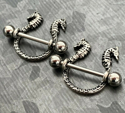 PAIR Nipple Shields Seahorse Design Body Jewelry Steel Barbell Rings Sea Horse