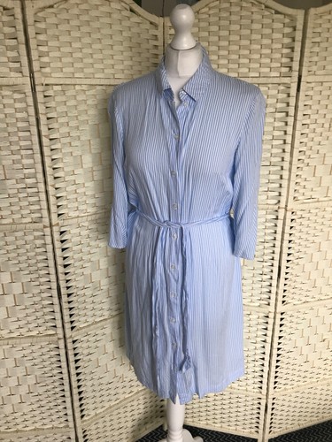 Size 38 10 12 H&M Light Blue White Striped Tie-Belt Shirt Dress Beach Cover Up - Picture 4 of 9