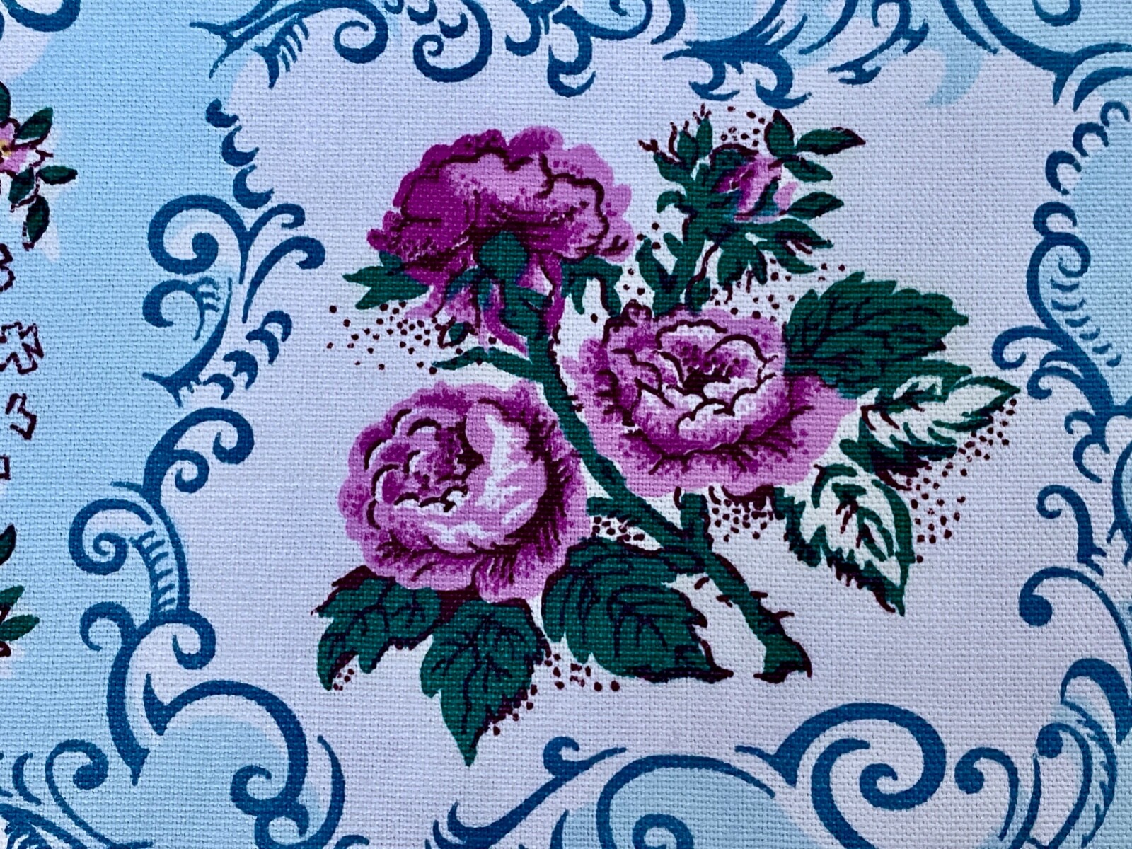 40's Purple & Turquoise Shabby Chic Rococo Barkcloth Era Vintage Fabric