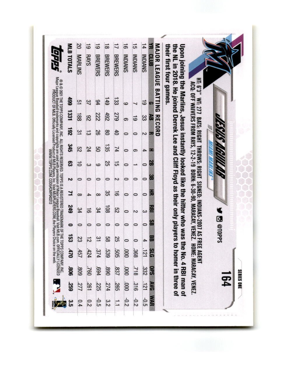 2021 Topps Yellow Jesus Aguilar Baseball Card 164 Miami Marlins eBay