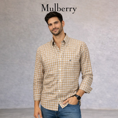 Mulberry Herren Blau Gelb Baumwolle Langarm Kariert Hemd XL Brustumfang 44''