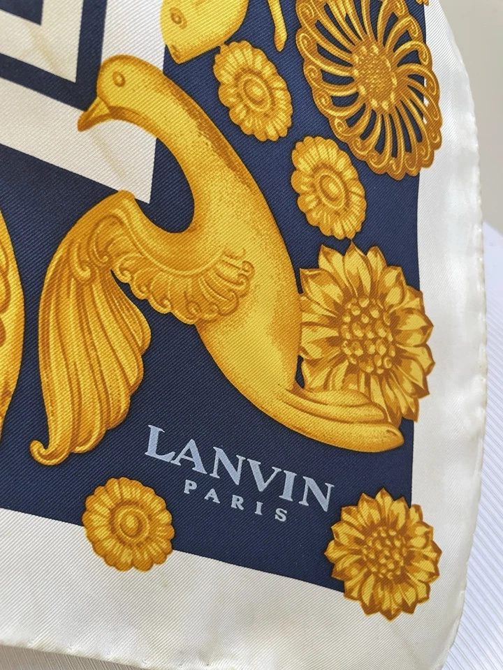 AS8# Lanvin Paris 100% Seda Bufanda Hecha en Italia Azul Dorado Floral Pájaros De Colección Foto 2 de 4