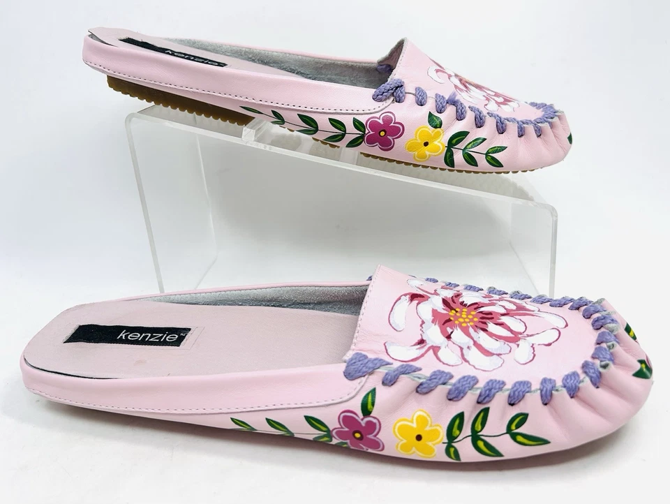 Chinelos Mules Kenzie Denso Couro Pintado à Mão Floral Rosa Tamanho 10 Excelente Estado Usado - Imagem 2 de 4