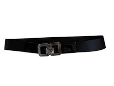Black Wide Fashion Belt with Silver Double Square Buckle for Women