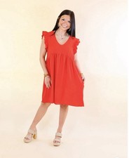 Umgee Red A-Line Short Dress Ruffle Sleeve V-Neck Pockets Size 1XL