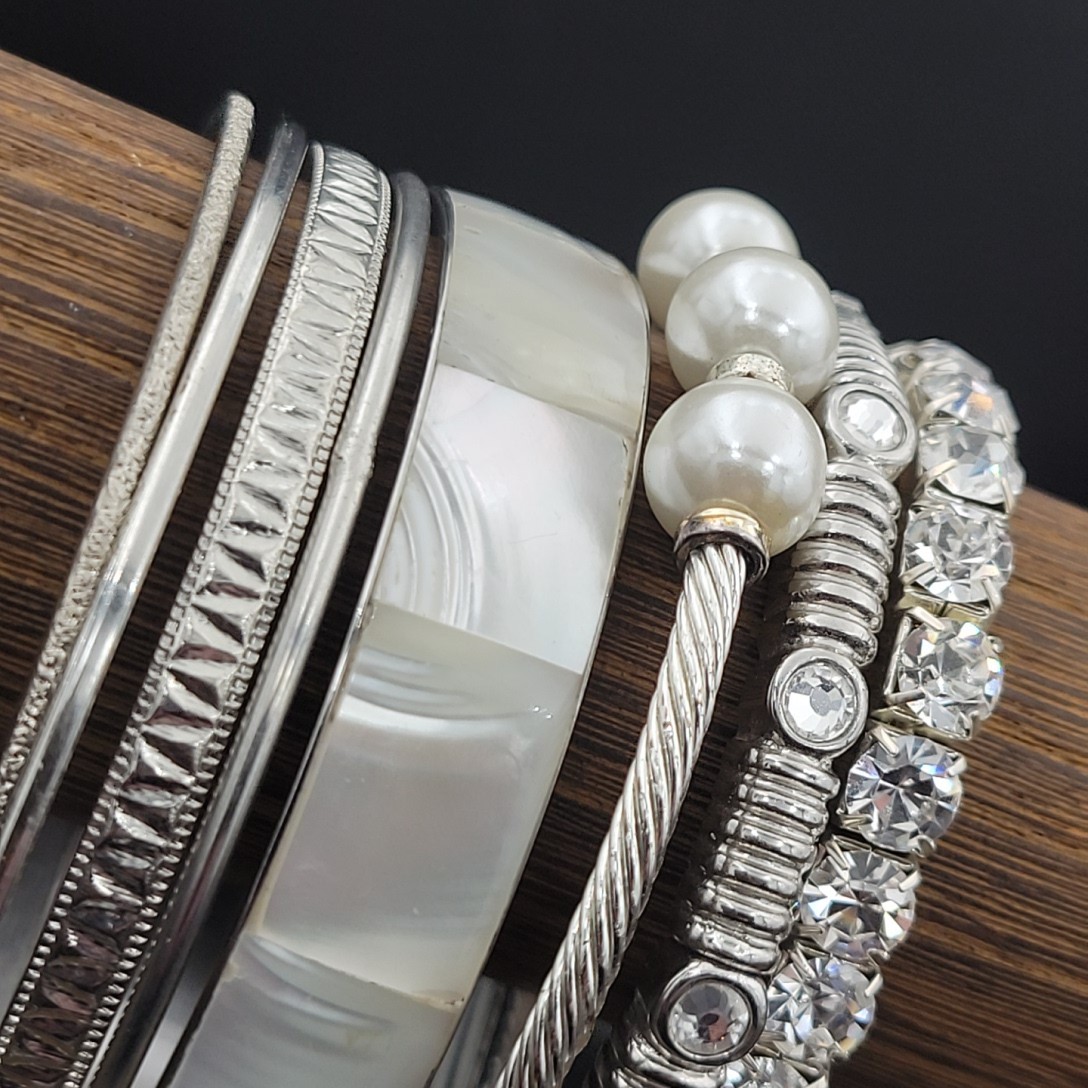 Silver & White Bracelet Stack – Mixed Metals, Pea… - image 1