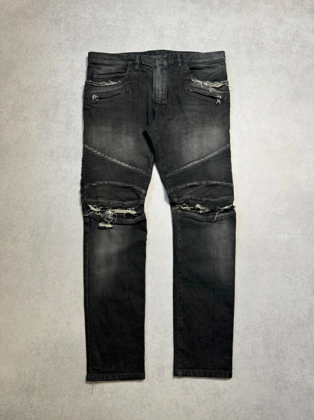 Balmain — Balmain Biker Moto Distressed Black Wash Denim Jeans Made in Japan Size 36