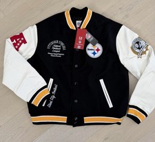NFL Pittsburgh Steelers Black Yellow Leather Wool Bomber Varsity Jacket Sz S