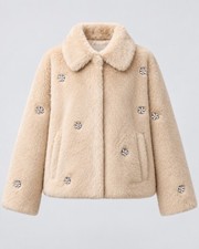 ZARA Girls Beige Faux Fur Rhinestone Floral Jacket Glam Party Chic Size 13-14Y