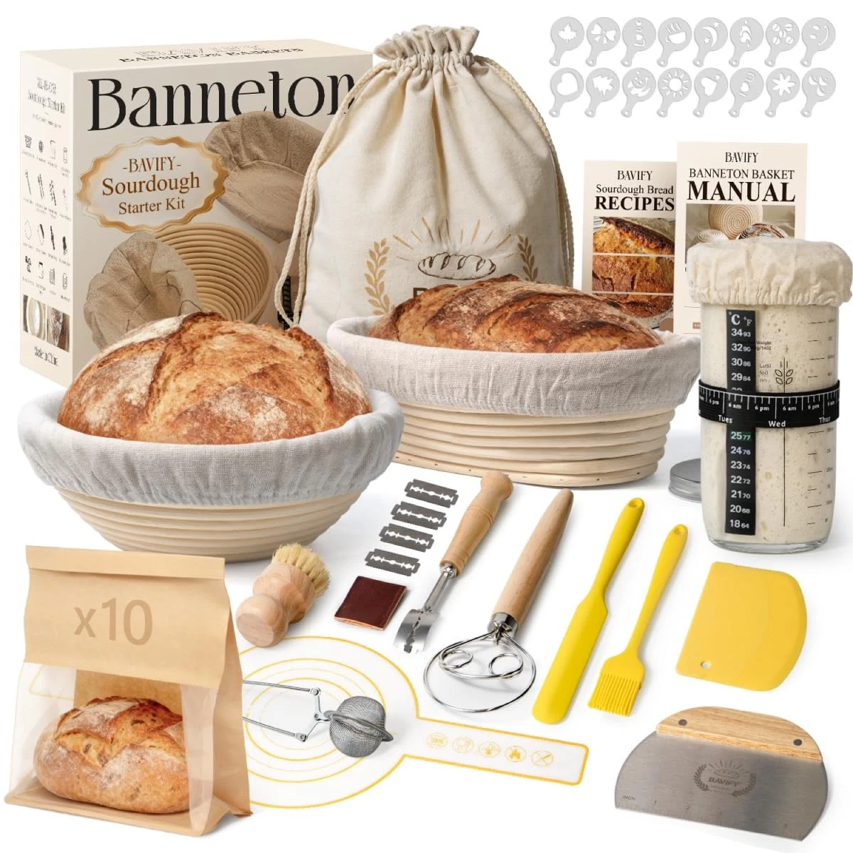 Sourdough Starter Kit, Banneton Bread Proofing Baskets Set, Sourdough Bread B...