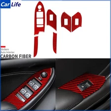 Red Carbon Fiber Interior Window Lift Switch Panel Cover For Cadillac CTS 14-19