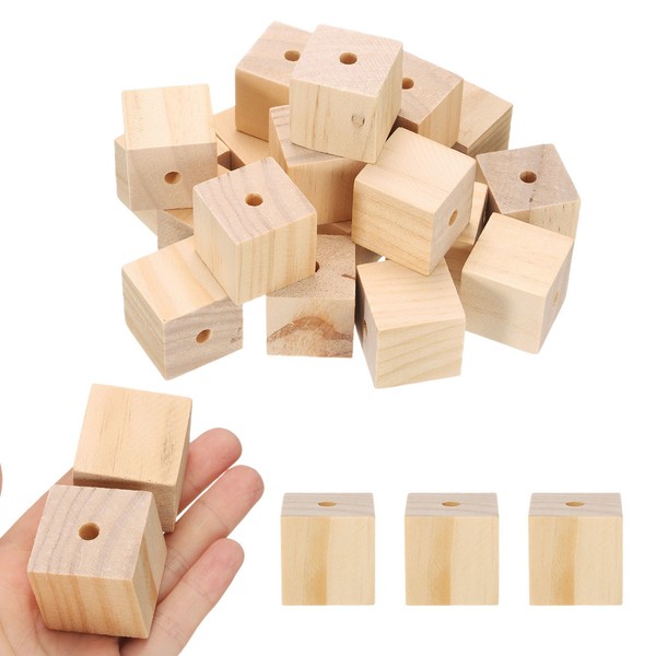 20 Stk. 1-2 Zoll Holz WüRfel Mit LöChern Unbehandelt FüR Bastelarbeiten-image