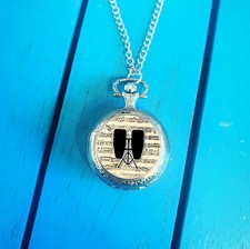 Steel Drums Pocket Watch. Tall Bongos Musician Gift. Vintage Sheet Music Design.